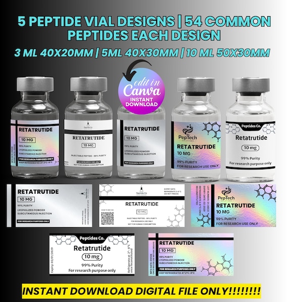 Buy Peptide Label Template Bundle, Retatrutide Peptide Label, Editable Niimbot Peptide Vial Label, 3ml 5ml 10ml Peptide Label, Canva Template Online in India