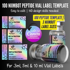 Pode incluir: Imagem digital de um frasco e rótulos para pesquisa de peptídeos. Os rótulos exibem "RETATRUTIDE 10 MG" e "99% PURITY". O texto inclui "100 NIIMBOT PEPTIDE VIAL LABEL TEMPLATE" e "Easy to edit | NO design skills needed".