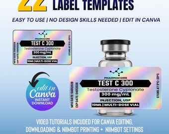 Testosterone Labels Template, Anabolic Compounds Label Template, Custom Steroid Label Template, 10 ml Steroid Vial Label Canva Template