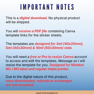 May include: A digital download information sheet titled IMPORTANT NOTES. It details a PDF file with Canva template links for sticker sheets designed for 3ml (40x20mm), 5ml (40x30mm), and 10ml (50x30mm) vials, compatible with Niimbot M2/M3 and inkjet printers.