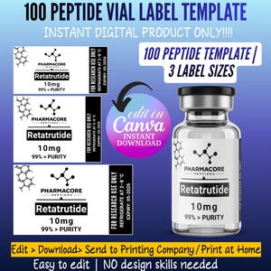 Niimbot Peptide Label Template, Retatrutide Peptide Label, Editable Niimbot Custom Peptide Label, 3ml Peptide Vial Label, Canva Template