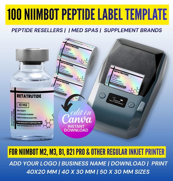 Niimbot Peptide Label Template, Retatrutide Peptide Label, Editable Niimbot Custom Peptide Label, 3ml Peptide Vial Label, Canva Template