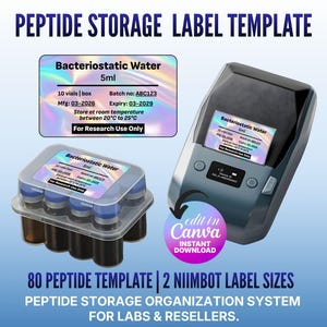 May include: A peptide storage label template featuring a holographic background. The label displays Bacteriostatic Water 5ml, batch number ABC123, manufacturing date 03-2026, expiry 03-2029, and storage instructions between 20°C to 25°C. Includes a label printer.