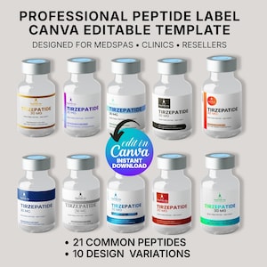 Peut inclure: Une maquette professionnelle d'étiquette de peptide modifiable sur Canva, avec 10 variations de design. L'image présente plusieurs flacons étiquetés "Tirzepatide 30 MG" de différentes couleurs, conçus pour les medspas, les cliniques et les revendeurs.