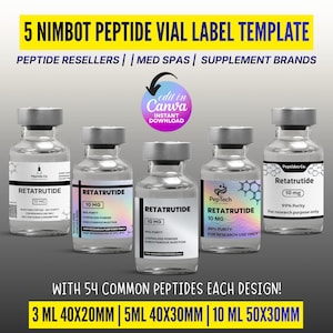 Pode incluir: Um modelo para rótulos de frascos de peptídeos, com cinco frascos com tampas prateadas e rótulos brancos. Os rótulos exibem "RETATRUTIDE" e "10 MG" em texto preto. O modelo é para revendedores de peptídeos, spas médicos e marcas de suplementos.