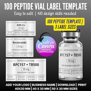 May include: A template for 100 peptide vial labels. The design includes three label sizes and is easy to edit. The labels include the text "GHK-Cu", "Retatrutide", and "BPC157 + TB500". The labels also include the text "For research use only".