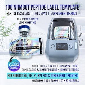 Mall för peptidetikett, etikett för retatrutidpeptid, anpassad Niimbot-peptidetikett, etikett för peptidflaskor på 3 ml och 10 ml, redigerbar Canva-mall