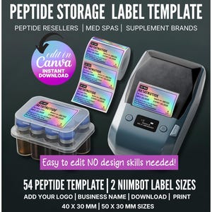 Puede incluir: Imagen de una plantilla de etiqueta de almacenamiento de péptidos con el texto "PEPTIDE STORAGE LABEL TEMPLATE". La imagen incluye una impresora de etiquetas, un rollo de etiquetas y un contenedor de viales. También está presente el texto "Easy to edit NO design skills needed!"