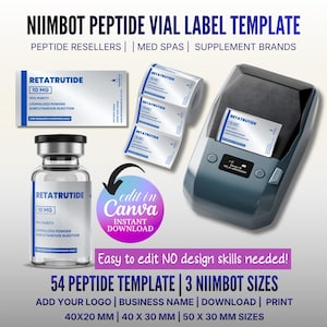 Könnte beinhalten: Eine Vorlage für Peptid-Vial-Etiketten, mit einem Vial, Etiketten und einem Etikettendrucker. Die Etiketten zeigen "RETATRUTIDE 10 MG" und weitere Details. Das Bild enthält Text: "NIIMBOT PEPTIDE VIAL LABEL TEMPLATE" und "Easy to edit NO design skills needed!"