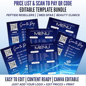 May include: A digital bundle of editable price list and scan-to-pay templates for med spas and clinics. The dark blue designs feature white text, QR codes for Venmo and Apple Pay, and lists of peptide products with prices for metabolic and skin care.