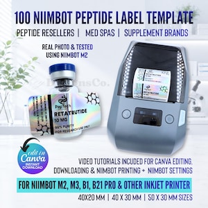 Mall för Niimbot-peptidetikett, etikett för retatrutidpeptid, redigerbar anpassad Niimbot-peptidetikett, etikett för 3 ml peptidflaska, mall för Canva
