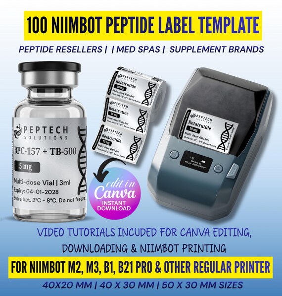 Niimbot Peptide Label Template Bundle, Retatrutide Peptide Labels, Custom Peptide Vial Label 3ml 10ml Label, M2 M3 B1 B21 Canva Editable