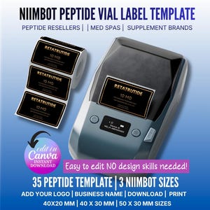 May include: A label template for peptide vials, with a label printer and a roll of labels. The labels are black with gold text, displaying "RETATRUTIDE 10 MG". The image includes the text "NIIMBOT PEPTIDE VIAL LABEL TEMPLATE" and "Easy to edit NO design skills needed!"