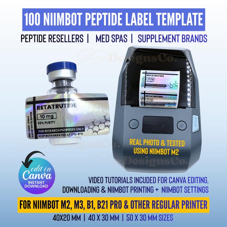 Niimbot Peptide Label Template, Retatrutide Peptide Label, Editable Niimbot Custom Peptide Label, 3ml Peptide Vial Label, Canva Template