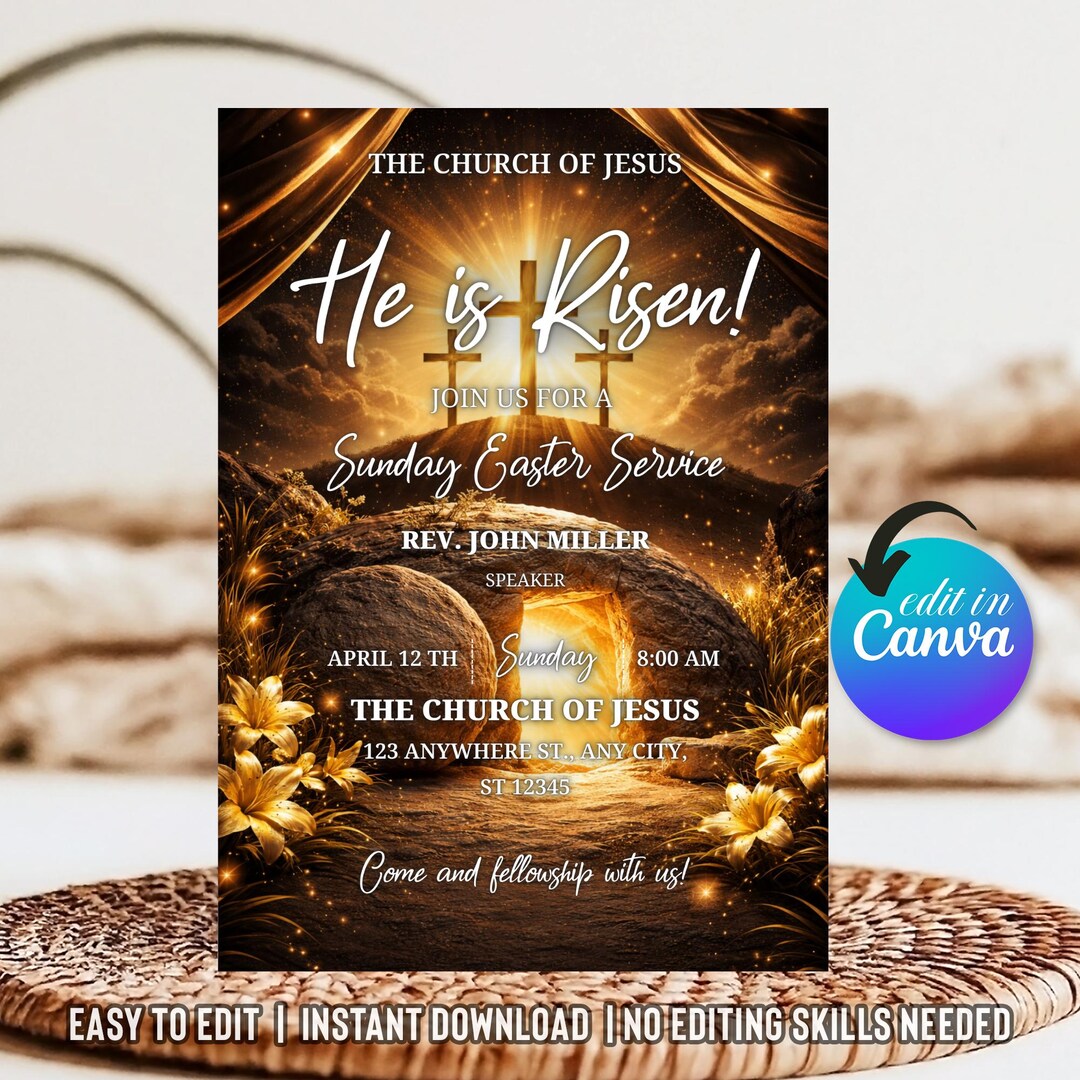 Easter Sunday Flyer, Christian Easter Service Invitation, He is Risen ...