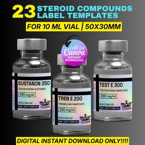Puede incluir: Imagen de tres viales de vidrio con tapas plateadas, etiquetados con texto que incluye "SUSTANON 250", "TREN E 200" y "TEST E 300". Las etiquetas también incluyen "10ML MULTI-DOSE VIAL" y medidas de "250 mg/ml", "200 mg/ml" y "300 mg/ml". El texto "23 STEROID COMPOUNDS LABEL TEMPLATES" está en la parte superior.