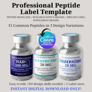 Op de afbeelding: Afbeelding van een digitale sjabloon voor peptide labels. Drie glazen flesjes met labels tonen namen en doseringen van peptiden in milligram. De afbeelding bevat tekst die aangeeft dat het product gemakkelijk te bewerken is en direct te downloaden.