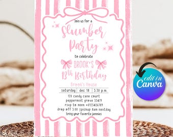 Bow Slumber Party Birthday Invitation, 13th Birthday Invitation Girl, Bow Birthday Invitation, Stripes Birthday Invite Editable Canva