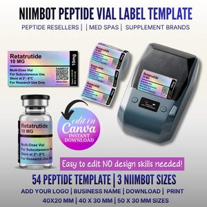 Pode incluir: Um modelo de etiquetas para frascos de peptídeos com o texto "Retatrutide 10 MG". O design inclui um frasco, um rolo de etiquetas e uma impressora de etiquetas. O modelo é fácil de editar e está disponível em três tamanhos: 40x20 mm, 40x30 mm e 50x30 mm.