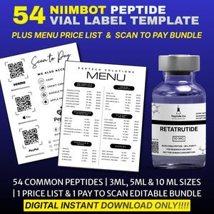 Puede incluir: Un paquete de descarga digital con una plantilla de etiqueta de vial, un menú y opciones de pago por escaneo. La imagen incluye un vial etiquetado "Retatrutide 10 MG" y un menú que enumera varios péptidos. El paquete ofrece 54 péptidos comunes en tamaños de 3 ml, 5 ml y 10 ml.