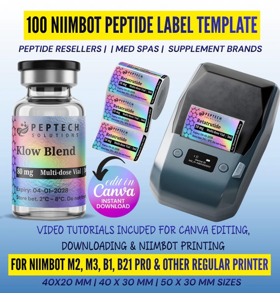Peptide Label Template, Retatrutide Peptide Label, Niimbot Custom Peptide Label, 3ml 10ml Peptide Vial Label, Editable Canva Template