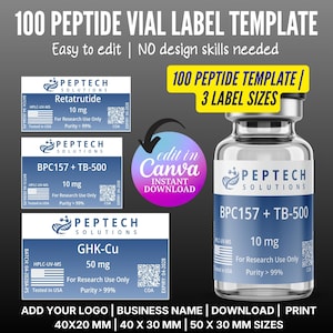 May include: A digital template for peptide vial labels, featuring three label sizes and easy editing. The design includes a vial with a label, and three sample labels with product information, including the text "100 PEPTIDE VIAL LABEL TEMPLATE".