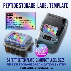 May include: A digital label template for peptide storage, featuring a label with "RETATRUTIDE" and other details. The image includes a label printer and a vial box with labels. Text on the image includes "54 Peptide Template" and "Instant Download."