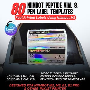 Peptide Label Template, Niimbot M2 M3 B1 Pro Peptide Vial Label, 3ml 10ml Vial Label, Custom Peptide labels, Digital Editable Canva Template