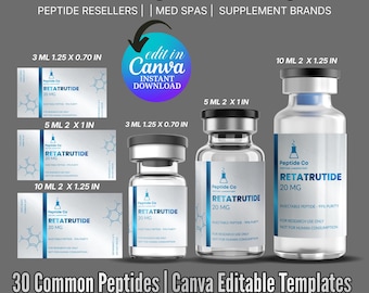 Peptide Vial Label Template, Retatrutide Peptide Label, Editable Custom Peptide Label Template 3ml 5ml 10 ml Vial Label, Canva Template