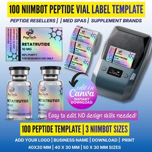 May include: A template for 100 Niimbot peptide vial labels. The design includes labels, vials, and a label printer. Text includes "Retratutide 10 MG", "99% Purity", and "For Research Use Only". The template is easy to edit in Canva.