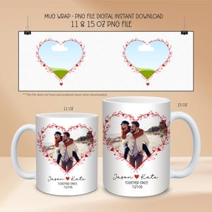 Benutzerdefinierte Foto-Jubiläumsbecher-Designs, Paar-Herz-Becher-Verpackung PNG, Jubiläums-Verpackungsbecher, Sublimations-PNG-Design, 11 Unze 15 Unze Becher-Verpackung