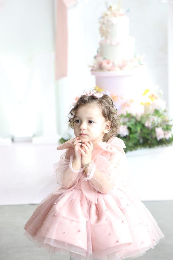 Pearl Tulle Baby Dress, Handmade First Birthday Outfit