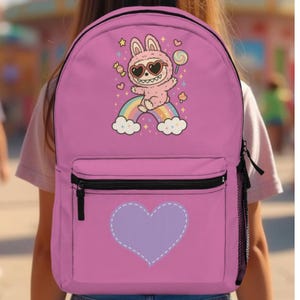 Rugzak met Labubu-print, kinderrugzak, roze meisjesrugzak, schoolbenodigdheden, terug naar school, roze labubu, cadeau voor labubu-liefhebbers, labubu-tas