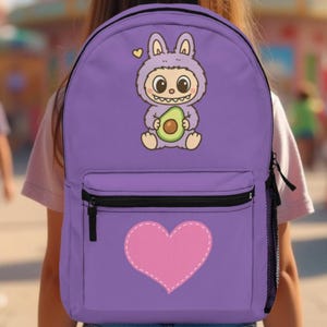 Labubu print backpack, kids backpack, purple girls backpack, school supplies, back to school, gift for labubu lovers, for labubu fan