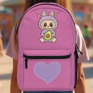 Labubu print backpack, kids backpack, pink girls backpack, school supplies, back to school, pink labubu, gift for labubu lovers