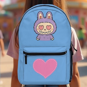 Labubu print backpack, kids backpack, pink girls backpack, school supplies, back to school, pink labubu, gift for labubu lovers
