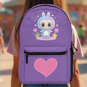 Labubu print backpack, kids backpack, pink girls backpack, school supplies, back to school, pink labubu, gift for labubu lovers