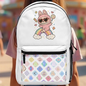 Labubu print backpack, white backpack, cute girls backpack, school supplies, back to school labubu gifts, labubu, gift for girls, labubu bag