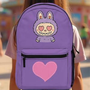 Labubu print backpack, kids backpack, pink girls backpack, school supplies, back to school, pink labubu, gift for labubu lovers