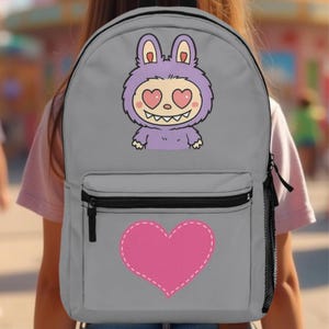 Labubu print backpack, kids backpack, pink girls backpack, school supplies, back to school, pink labubu, gift for labubu lovers