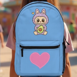 Labubu print backpack, kids backpack, blue girls backpack, school supplies, back to school, gift for labubu lovers, for labubu fan