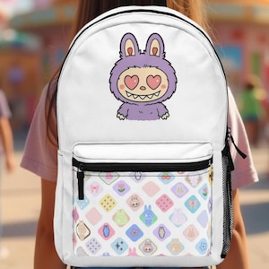 Labubu print backpack, white backpack, cute girls backpack, school supplies, back to school labubu gifts, labubu, gift for girls, labubu bag
