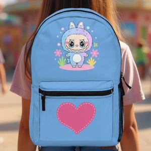 Labubu print backpack, kids backpack, pink girls backpack, school supplies, back to school, pink labubu, gift for labubu lovers