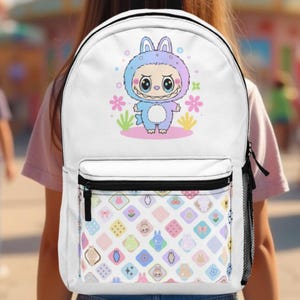 Labubu print backpack, white backpack, cute girls backpack, school supplies, back to school, labubu, gift for labubu lovers, for labubu fan