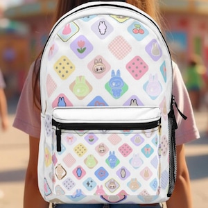 Labubu print backpack, white backpack, cute girls backpack, school supplies, back to school labubu gifts, labubu, gift for girls, labubu bag