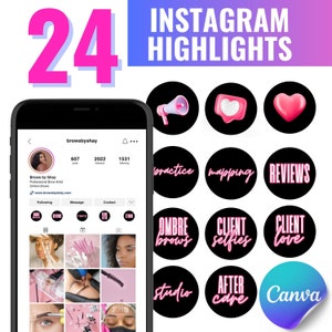 May include: A phone screen displaying an Instagram profile for "browsbyshay" with 607 posts, 2022 followers, and 1531 following. The profile picture is a woman with dark hair and brown eyes. The profile description reads "Brows by Shay Professional Brow Artist Ombre Brows www.browsbyshay.com". Below the profile information are nine images of eyebrows. The phone screen is surrounded by 12 black circles with pink text and graphics. The circles contain the text "practice", "mapping", "REVIEWS", "OMBRE brows", "CLIENT selfies", "CLIENT love", "studio", "AFTER care", and "Canva".