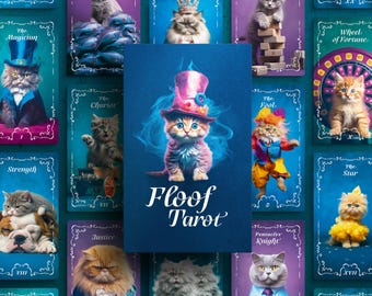May include: A set of tarot cards featuring cats in various poses and costumes. The cards are colorful and whimsical, with a blue background and the words "Floof Tarot" in white cursive.