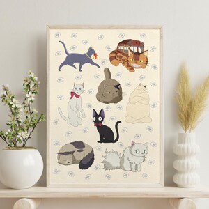 May include: A framed print featuring cartoon cats in various poses and colors. The cats are set against a cream-colored background with small white flower illustrations. The print is displayed on a light-colored wooden shelf.