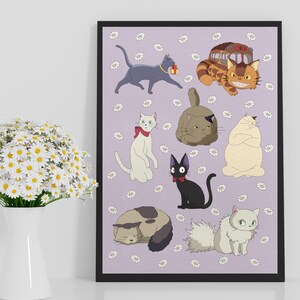 May include: A framed print featuring cartoon cats in various poses, set against a lavender background with white daisy accents. The cats are in different colors, including gray, white, black, and tan. The print has a black frame and is displayed on a white surface.