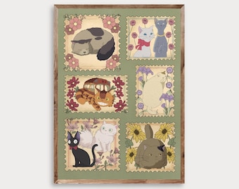Ghibli Cats Floral Art Print – Whimsical Anime Illustration, Matte